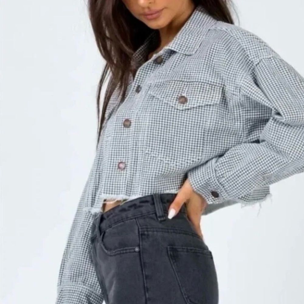 Princess Polly Cropped Herringbone Denim Cotton Trucker Jacket 12